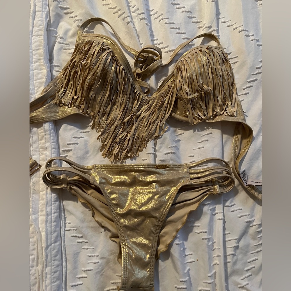 Luli Fama Gold Fringe bathing suit
